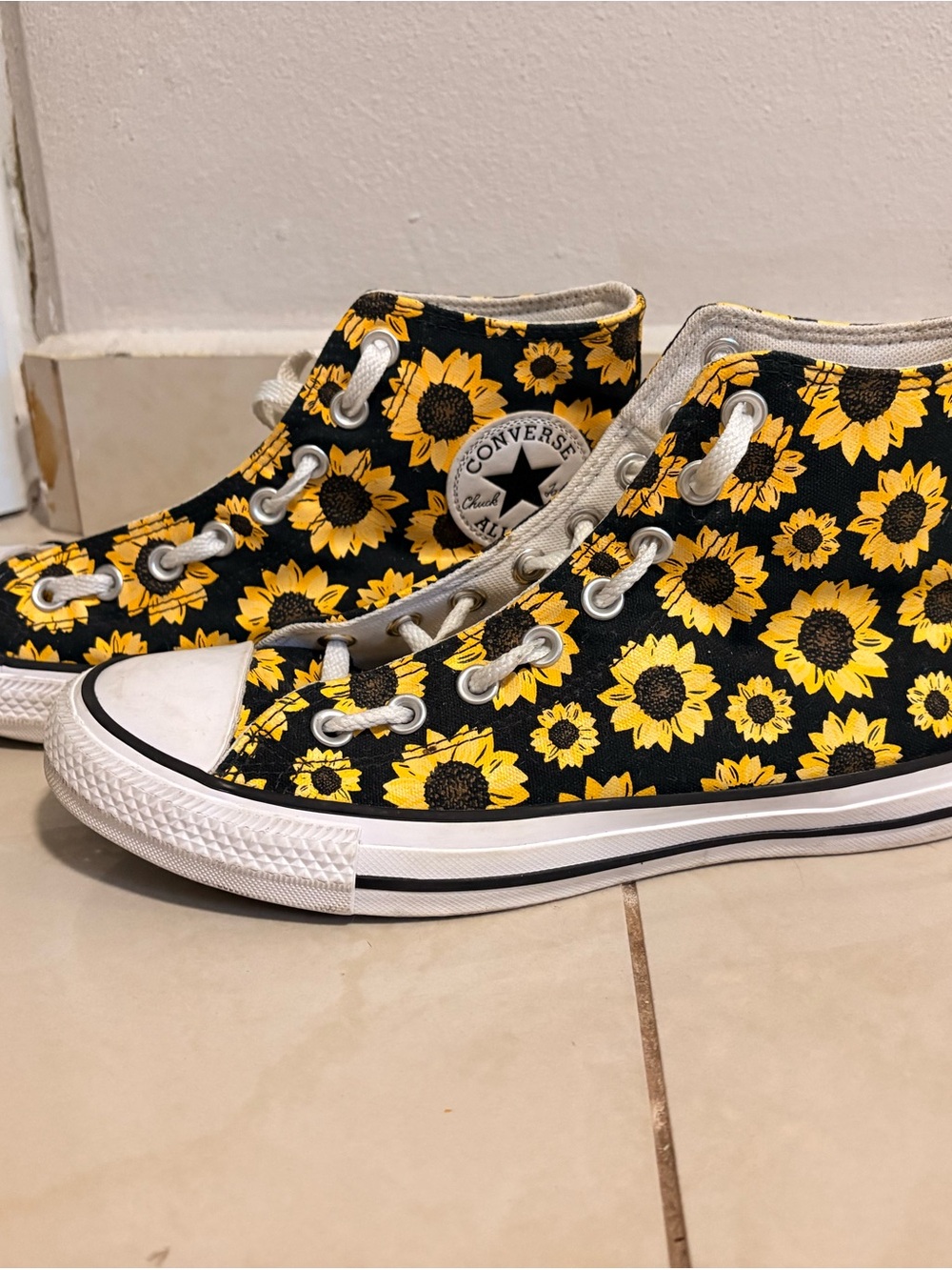 Converse Kids Black High-Top Sneakers with Yellow Sunflower Print